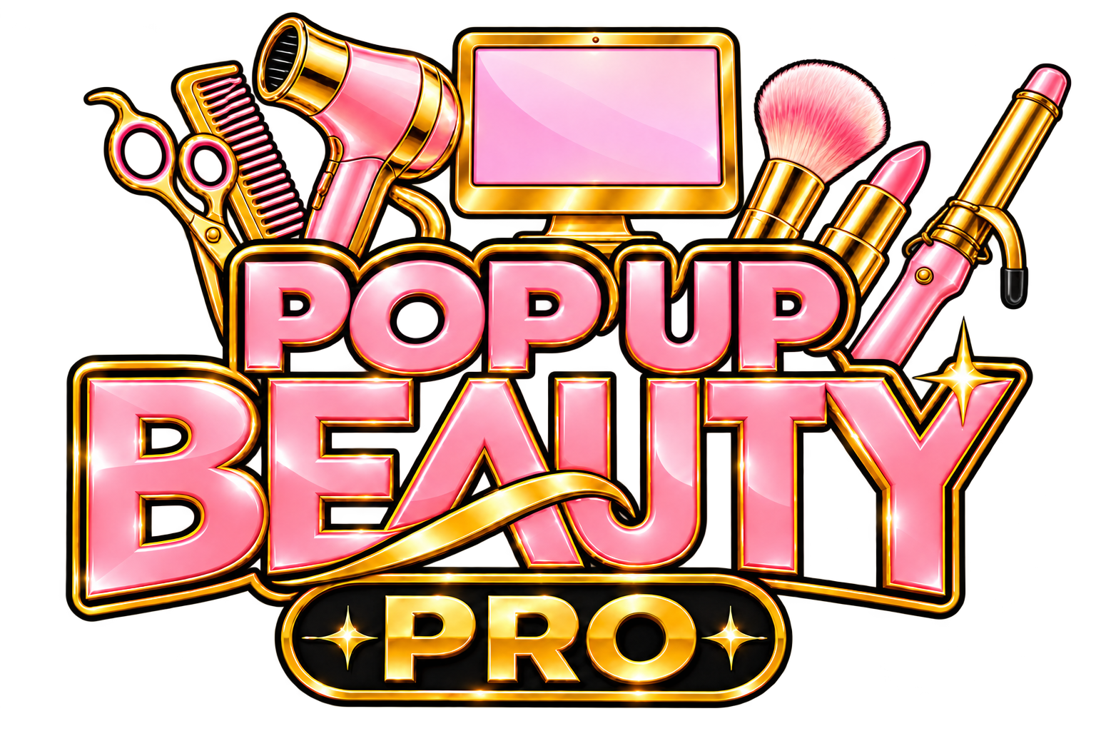 Pop Up Beauty Pro logo with gold computer, hairstyling and makeup tools
